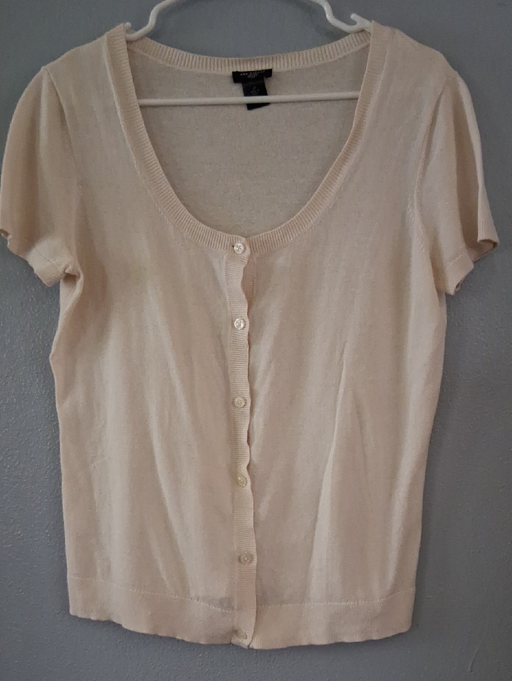 Ann Taylor Cream Short-Sleeve Button Cardigan 100% Cotton Size LP